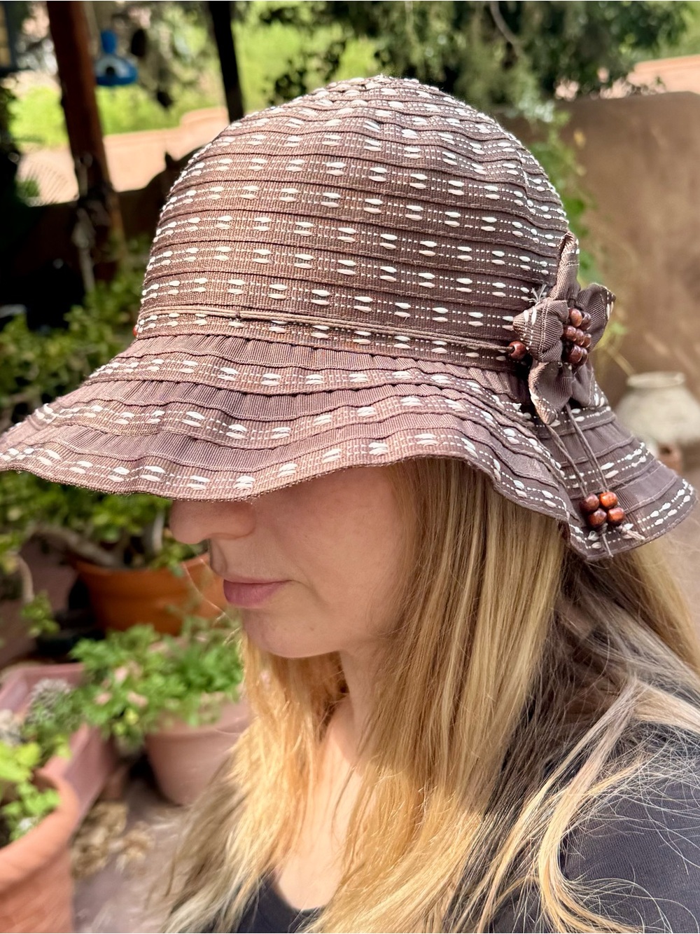 Women's Brown Sun Hat with Decorative Flower Accent with Wooden Beads